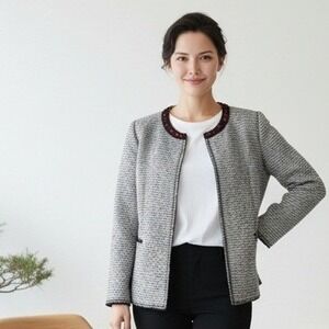 Chico's 2 Open Front Jacket Blazer Black White Sparkle Red Beaded Neckline L